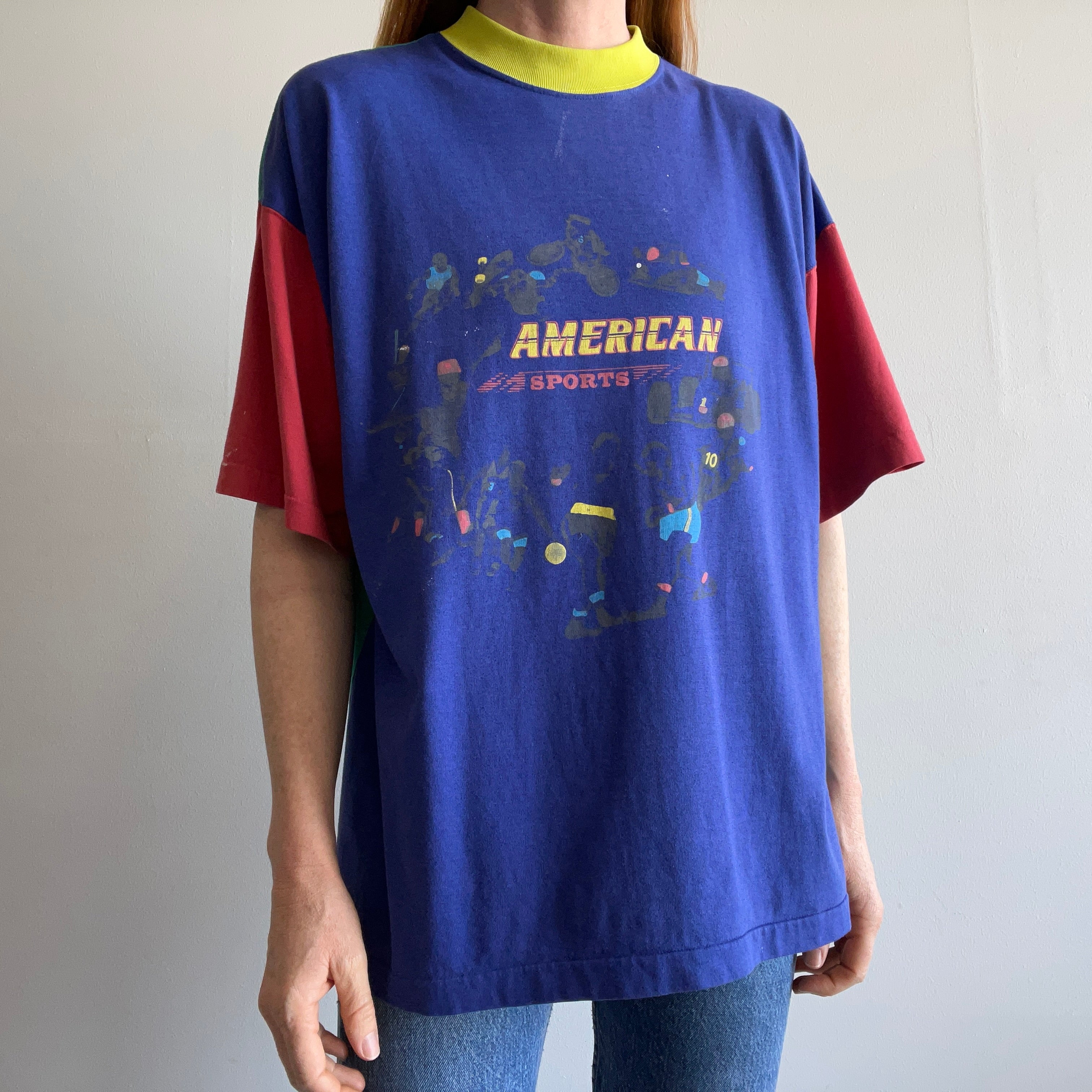 1990s Color Block American Sports Front and Back T-Shirt