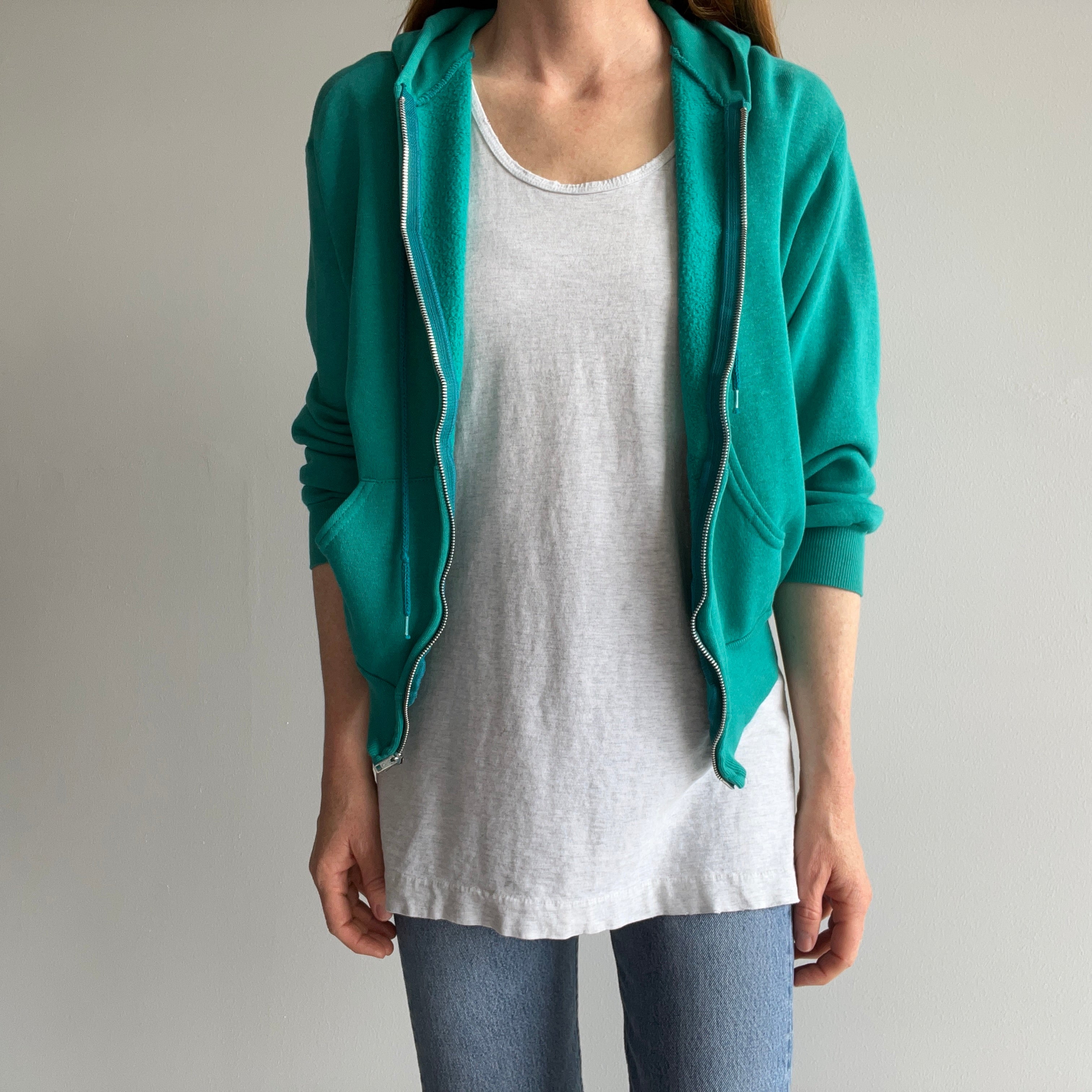 1980s Super Soft - Super, Duper - Teal Zip Up Hoodie