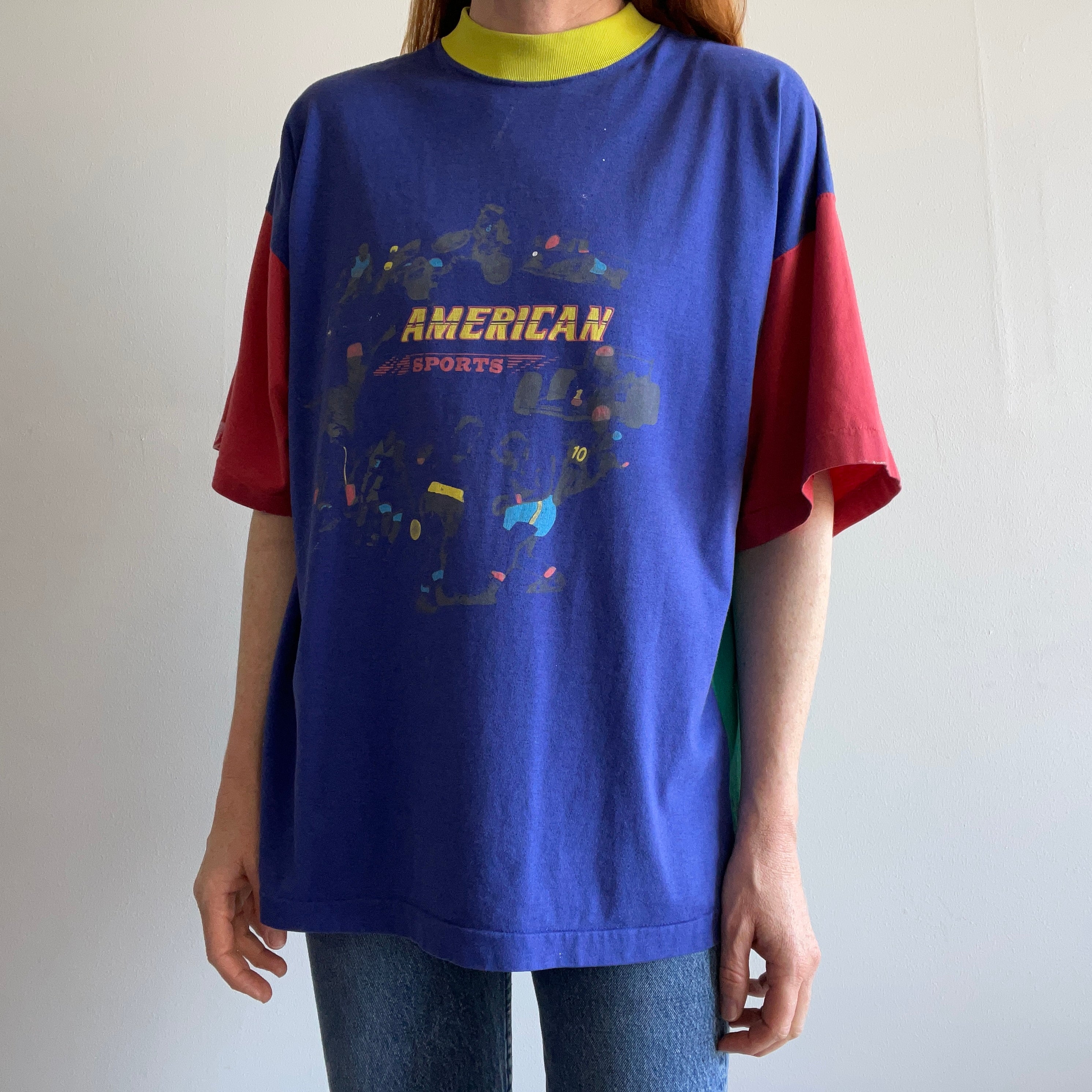 1990s Color Block American Sports Front and Back T-Shirt