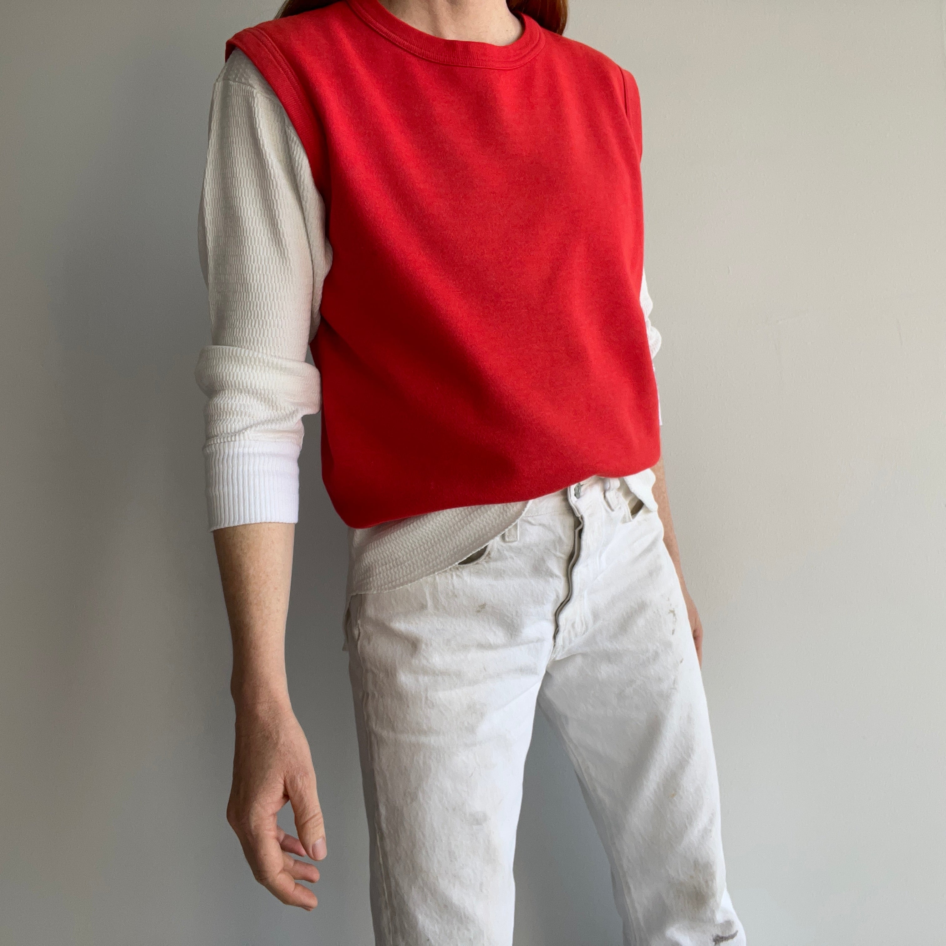 1980s Sun Faded Red Warm Up Sweatshirt Vest - YES!!!!