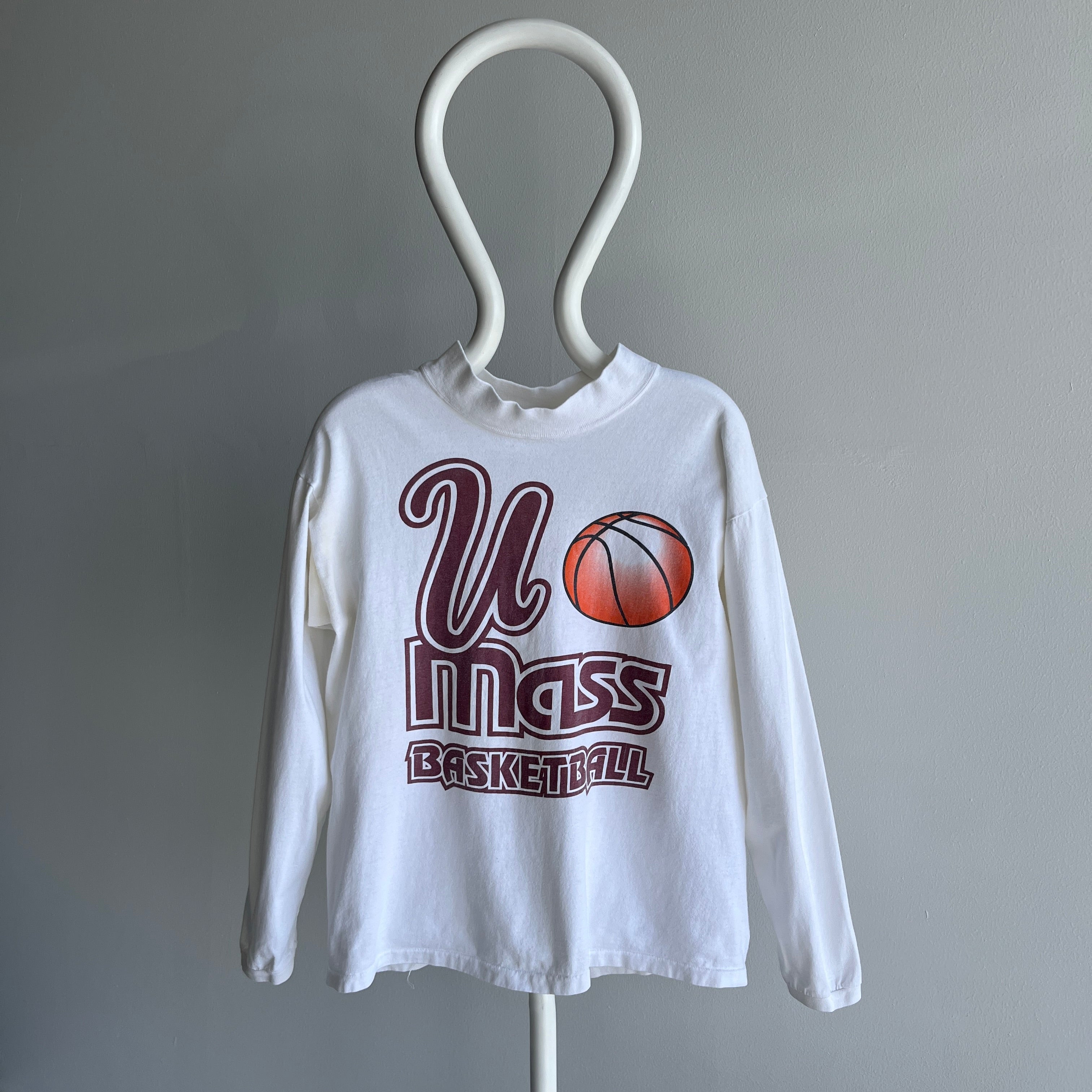 1980s U Mass Basketball Mock Neck Long Sleeve Cotton T-Shirt