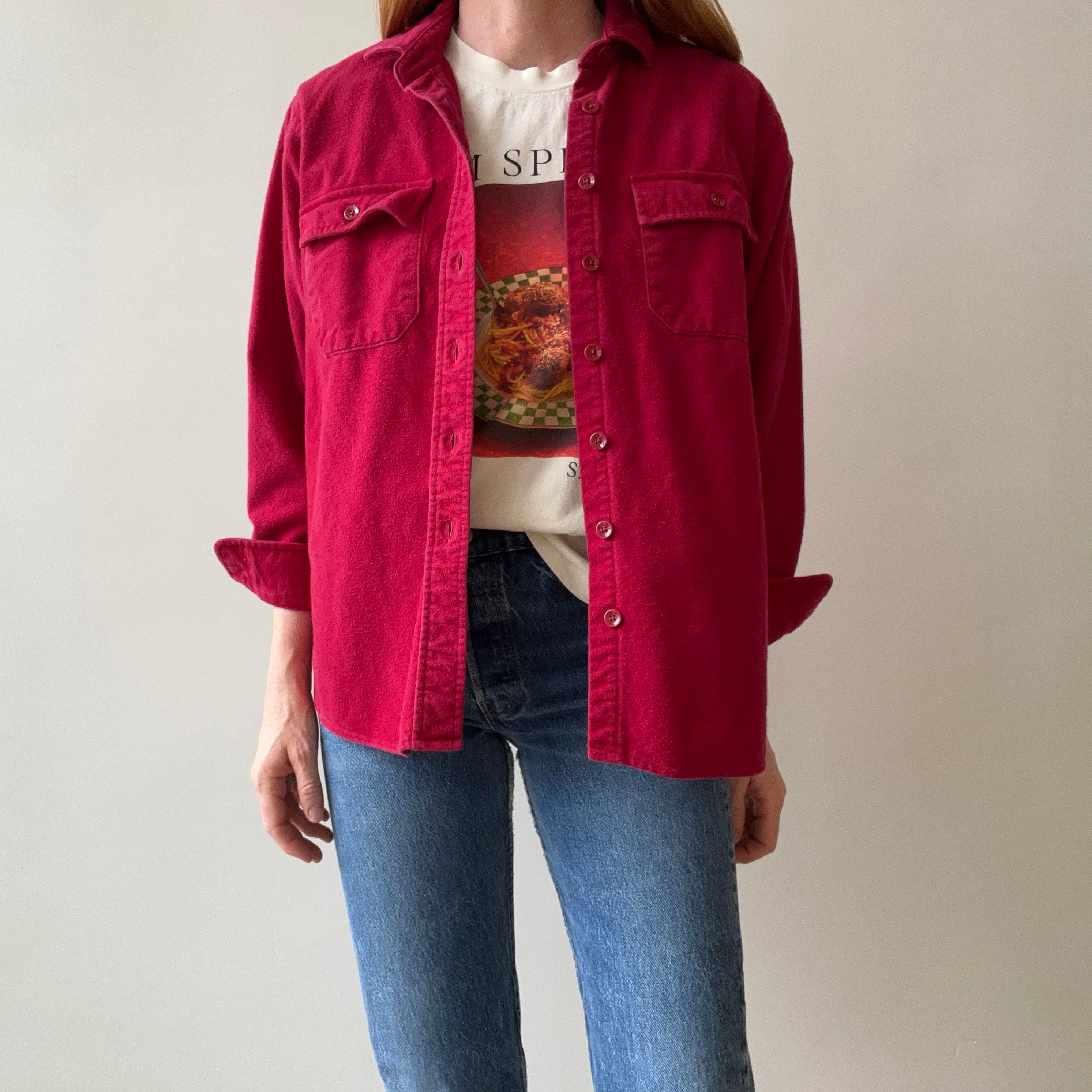 1990s L.L. Bean Deep Red Chamois Cotton Flannel Shirt - OG