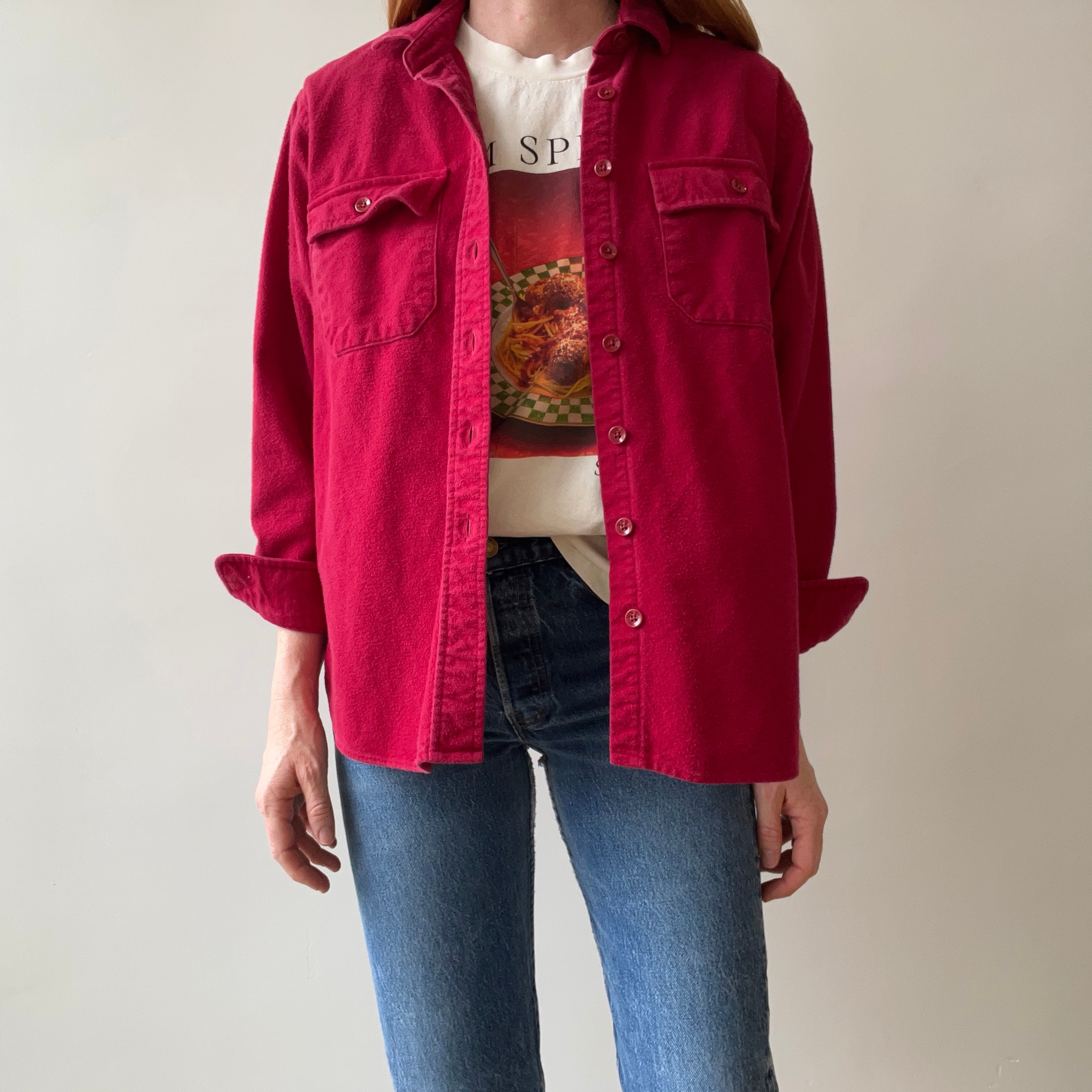 1990s L.L. Bean Deep Red Chamois Cotton Flannel Shirt - OG