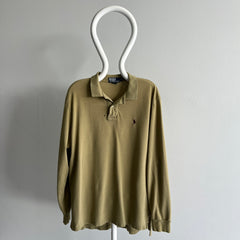 1990/2000s Khaki Ralph Lauren Long Sleeve Polo Shirt with a Single Small Hole