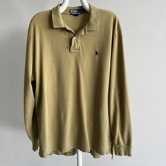 1990/2000s Khaki Ralph Lauren Long Sleeve Polo Shirt with a Single Small Hole