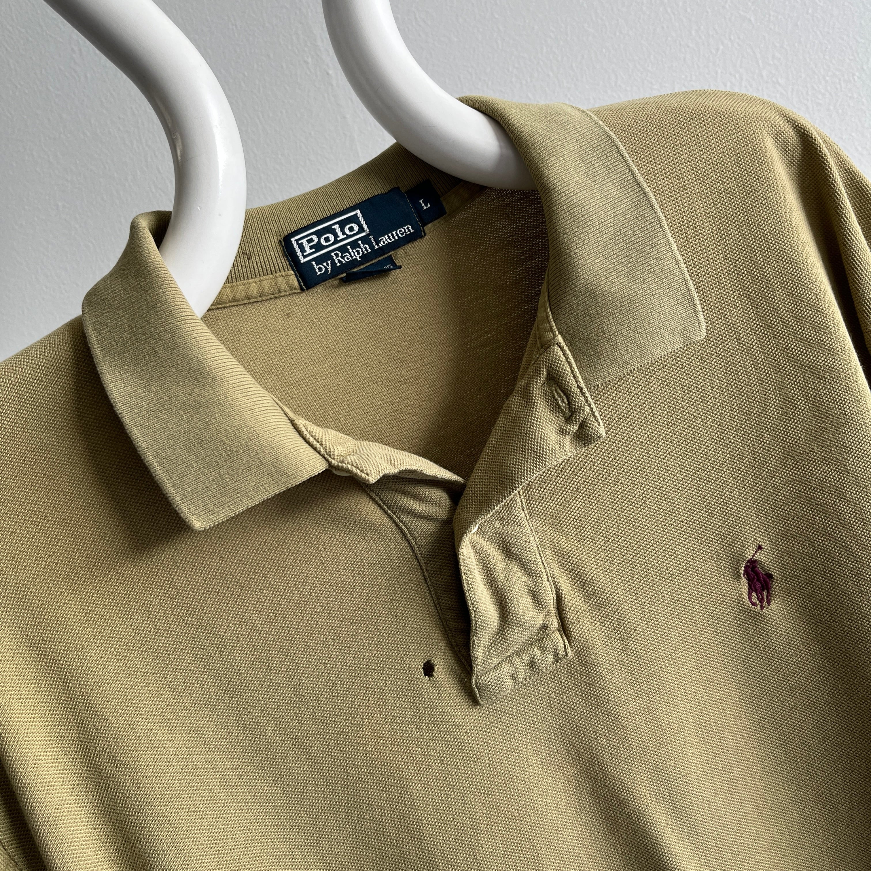 1990/2000s Khaki Ralph Lauren Long Sleeve Polo Shirt with a Single Small Hole