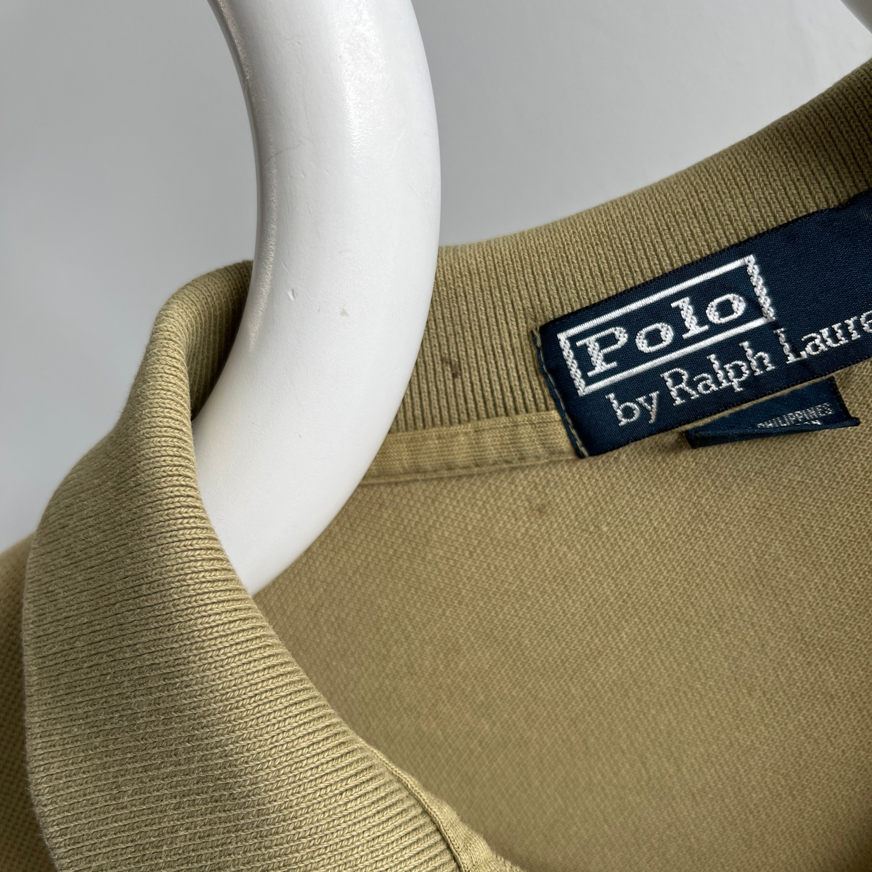 1990/2000s Khaki Ralph Lauren Long Sleeve Polo Shirt with a Single Small Hole