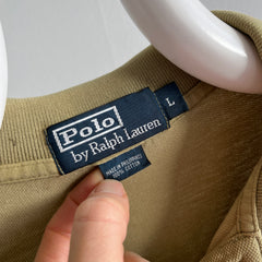 1990/2000s Khaki Ralph Lauren Long Sleeve Polo Shirt with a Single Small Hole