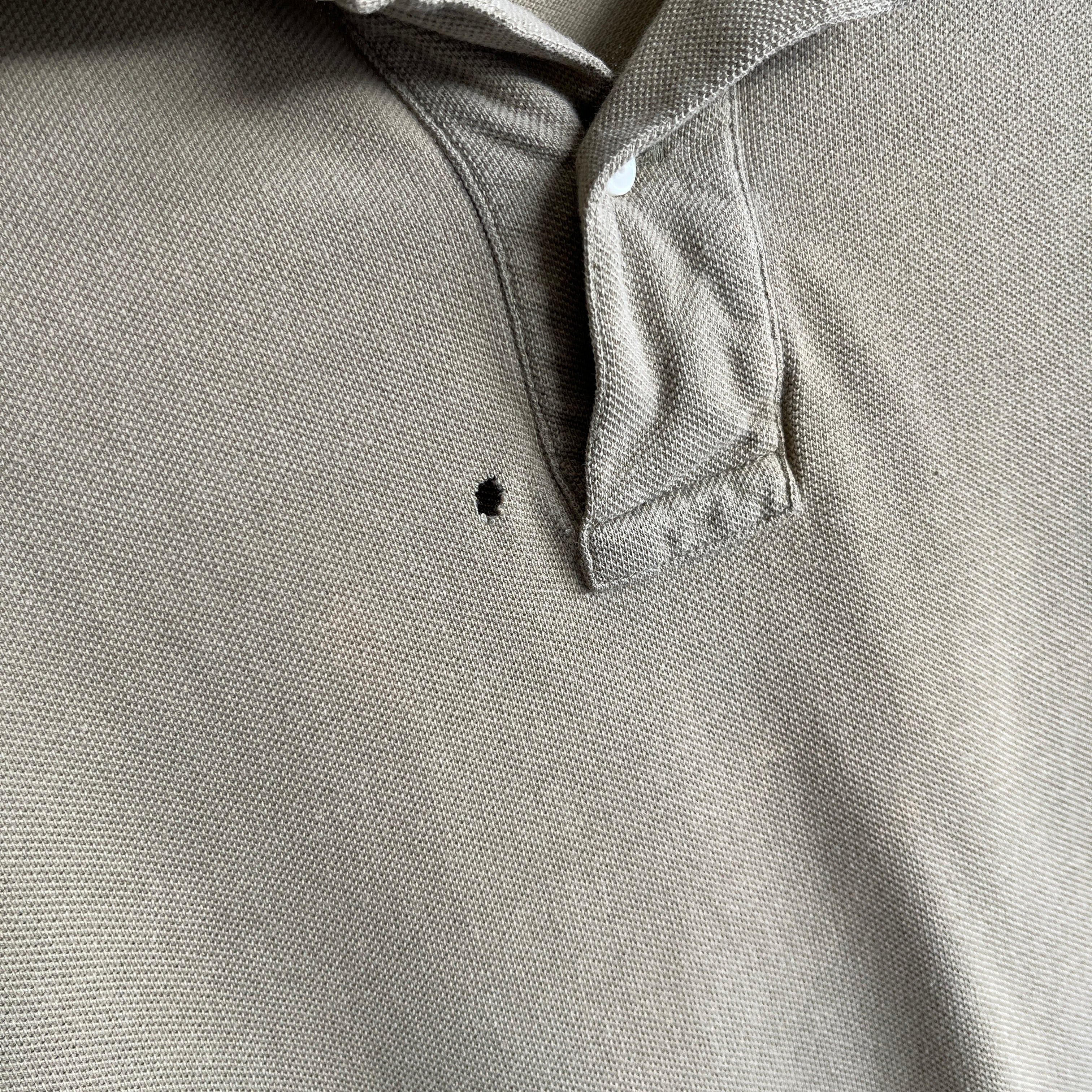 1990/2000s Khaki Ralph Lauren Long Sleeve Polo Shirt with a Single Small Hole