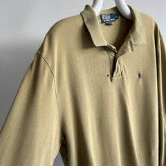 1990/2000s Khaki Ralph Lauren Long Sleeve Polo Shirt with a Single Small Hole