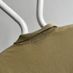 1990/2000s Khaki Ralph Lauren Long Sleeve Polo Shirt with a Single Small Hole