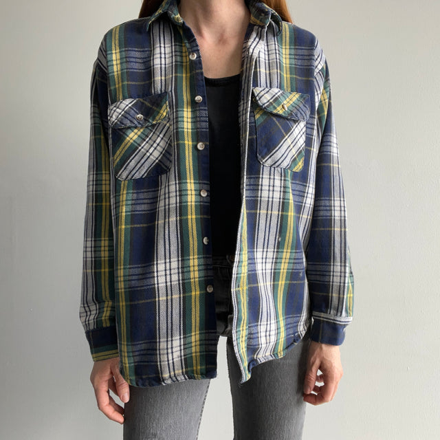 1980s Work N' Sport Blue and Yellow Cotton Plaid Flannel