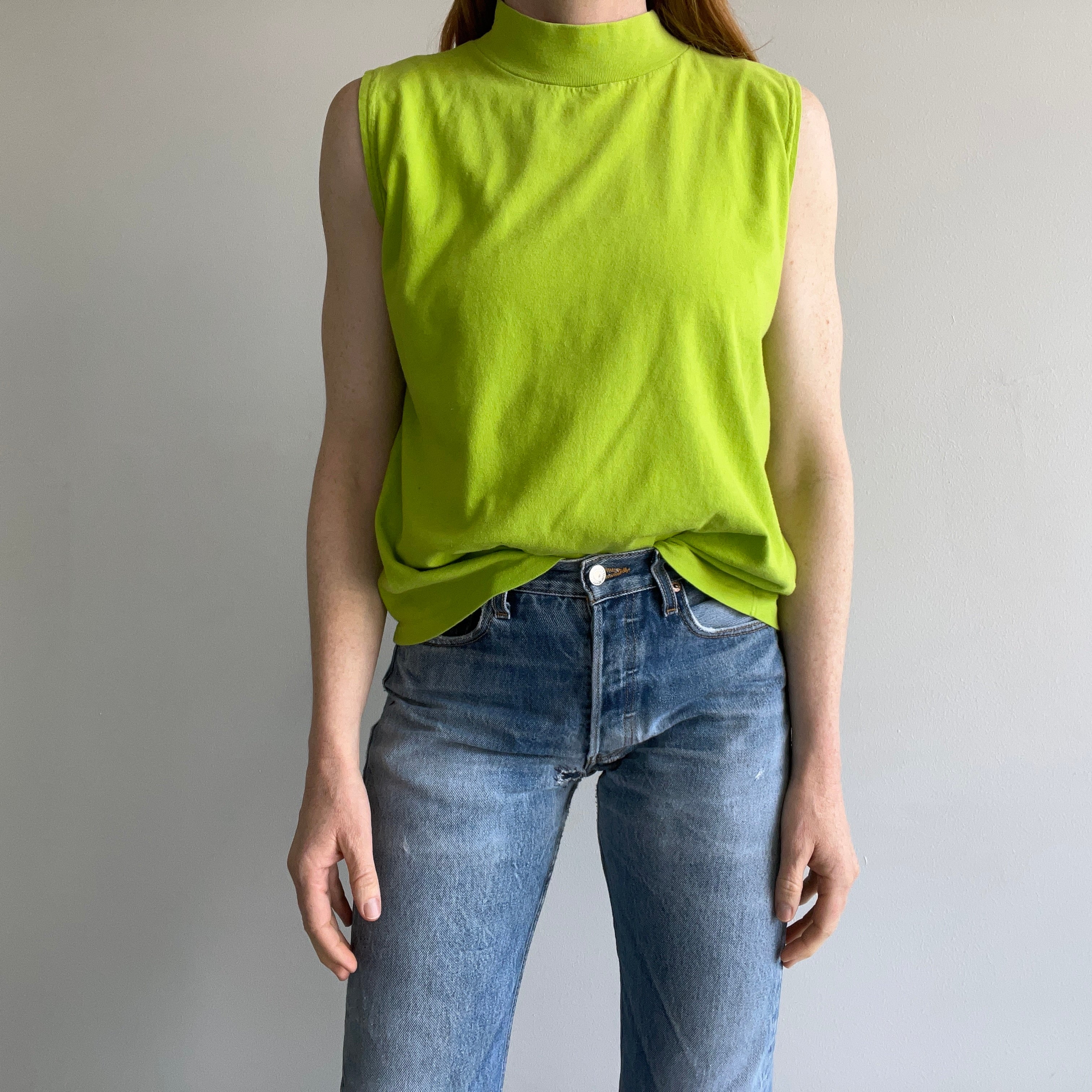 1980/90s Chartreuse Green Cotton Mock Neck Tank