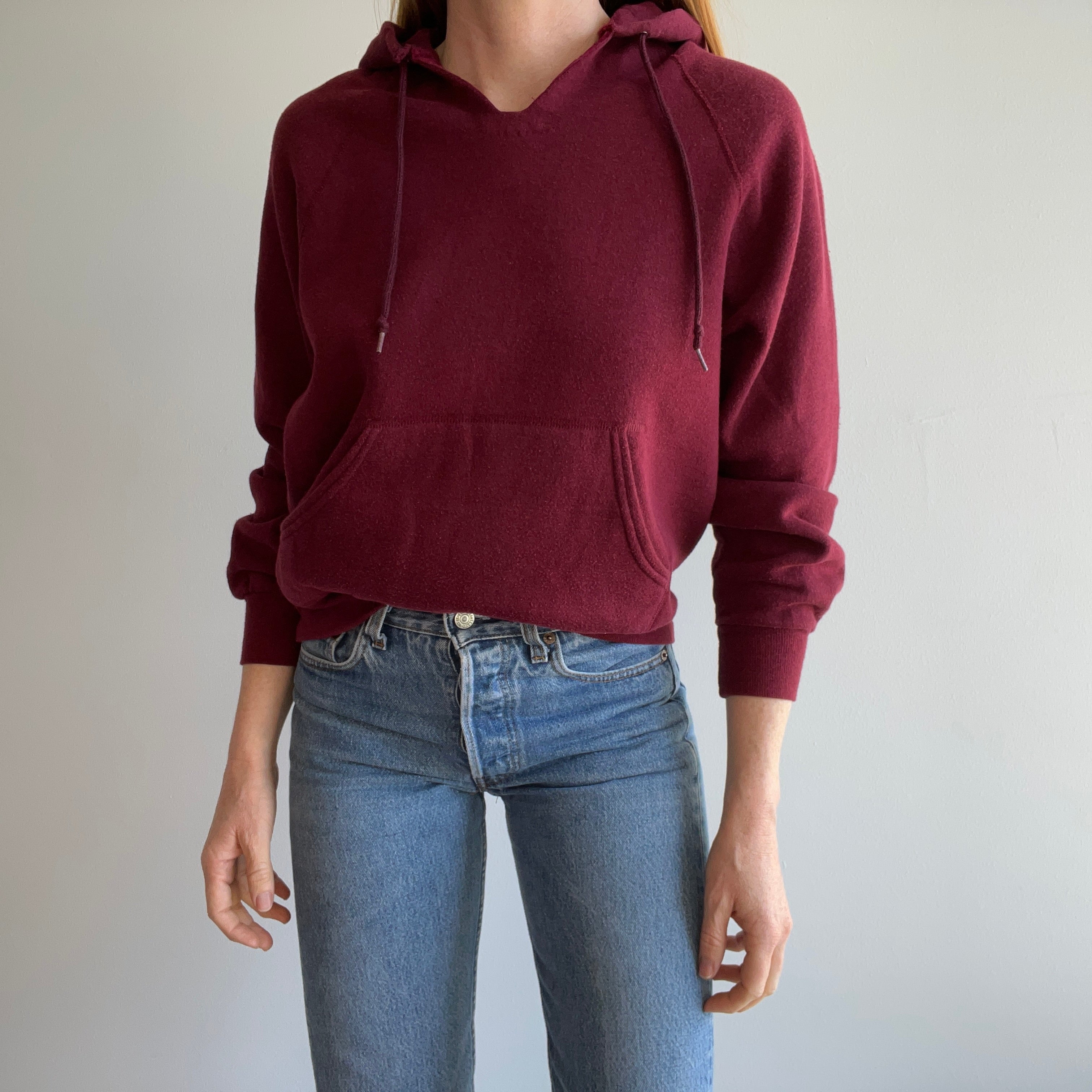 1980s DIY Hemmed Cut Neck on a Burgundy Hoodie by Bassett Walker