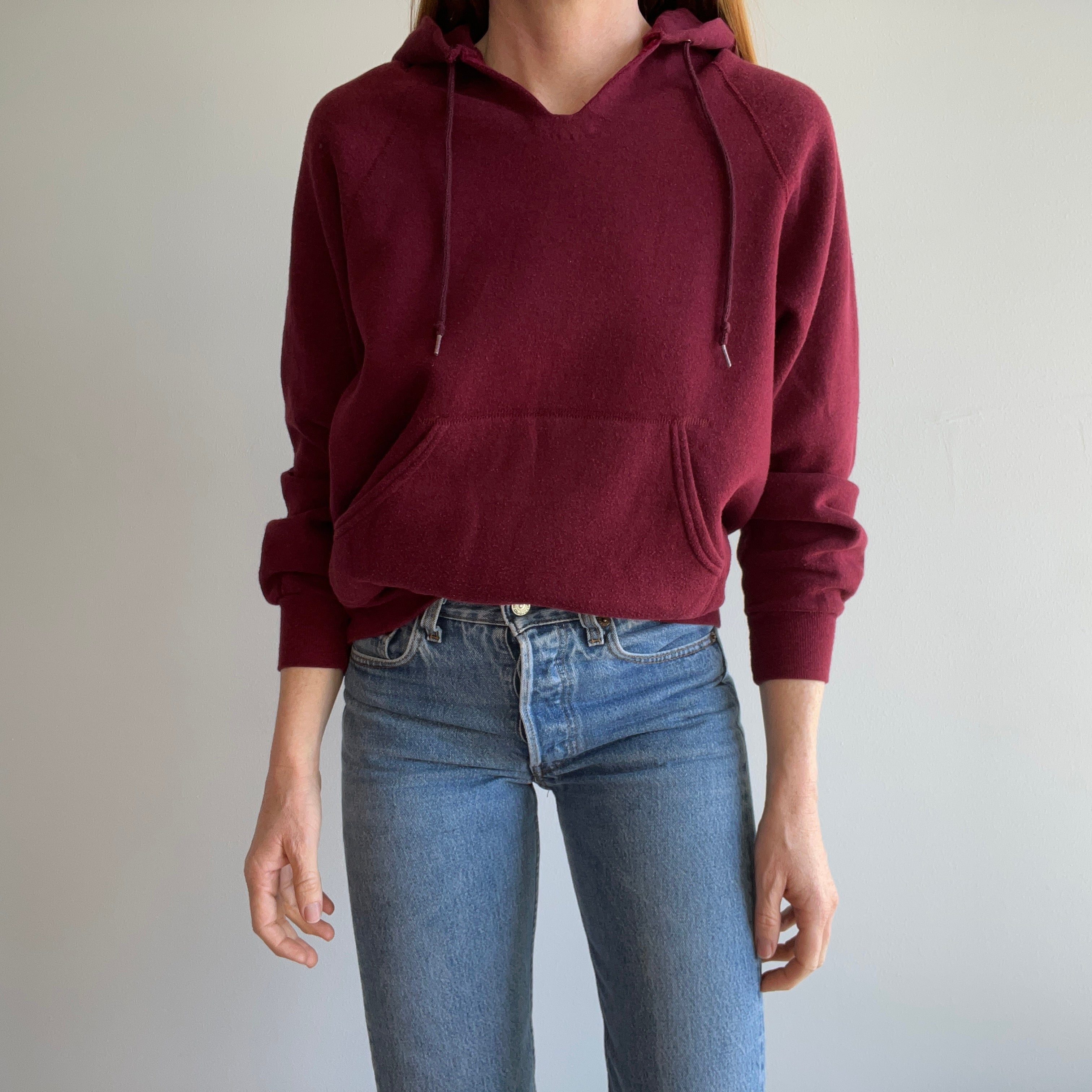 1980s DIY Hemmed Cut Neck on a Burgundy Hoodie by Bassett Walker