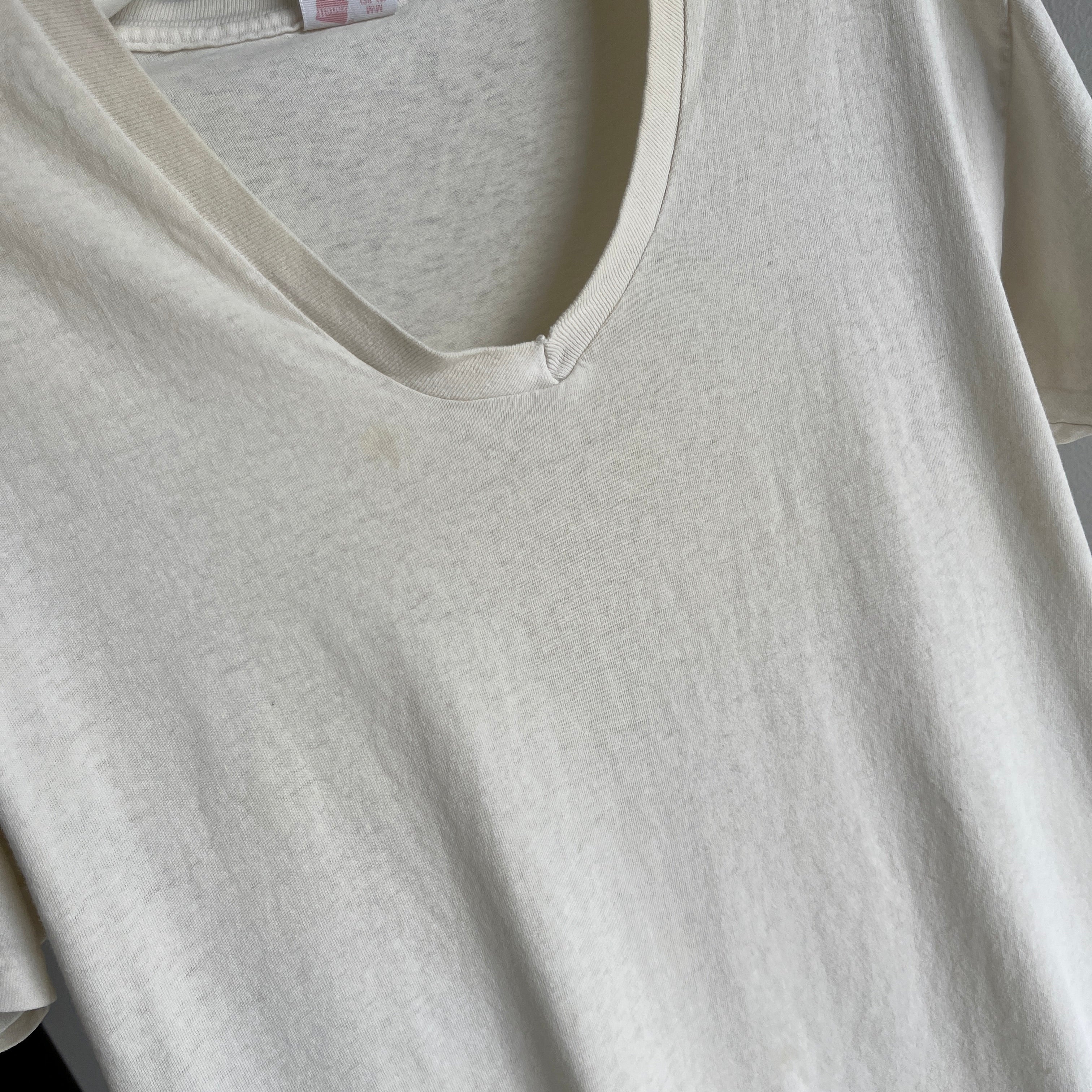 2000s Not That Old But Very Nicely Trashed Ecru (Used to be White) V-Neck Thinned Out T-Shirt
