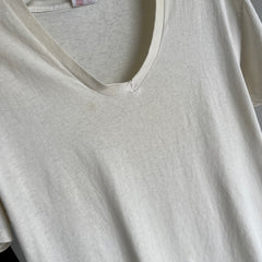 2000s Not That Old But Very Nicely Trashed Ecru (Used to be White) V-Neck Thinned Out T-Shirt
