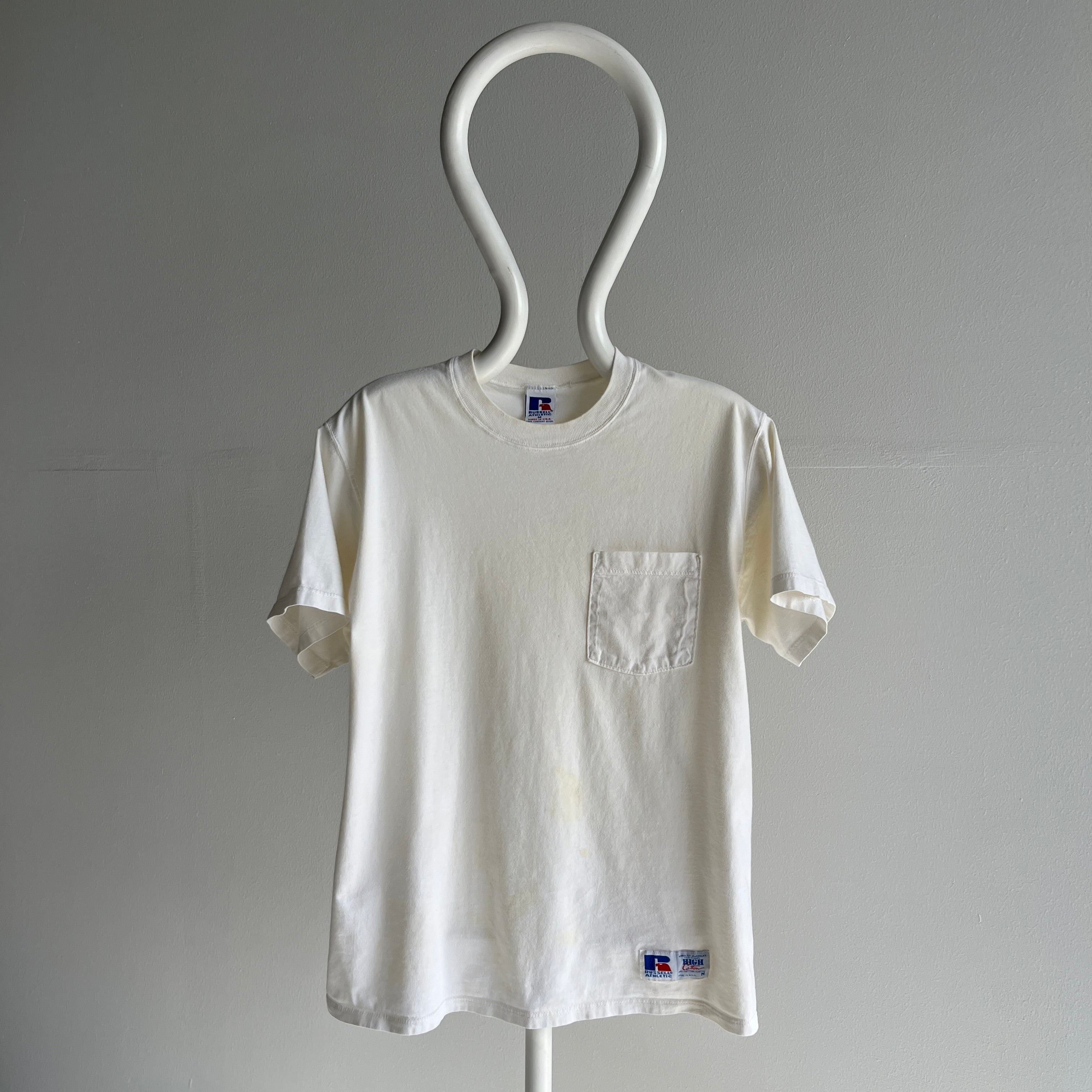 1990s Super Age Stained Blank White Pocket T-Shirt by Russell Athletic