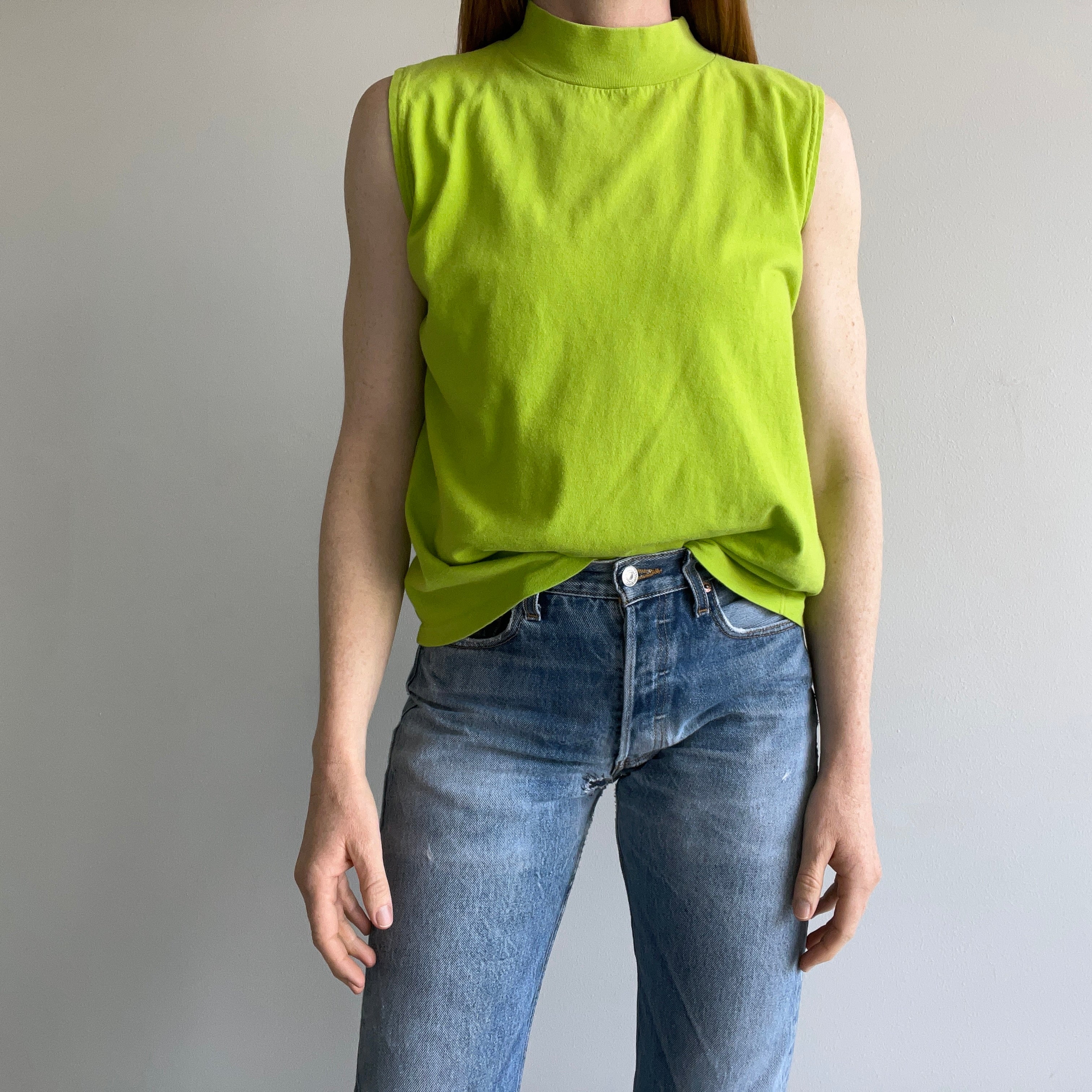 1980/90s Chartreuse Green Cotton Mock Neck Tank