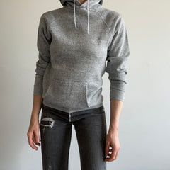 1980s Slim Fit Pullover Gray Hoodie with Sleeve Mending