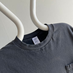 1990s Faded Blank Black Pocket T-Shirt With a Sun Fade Line - Swoon