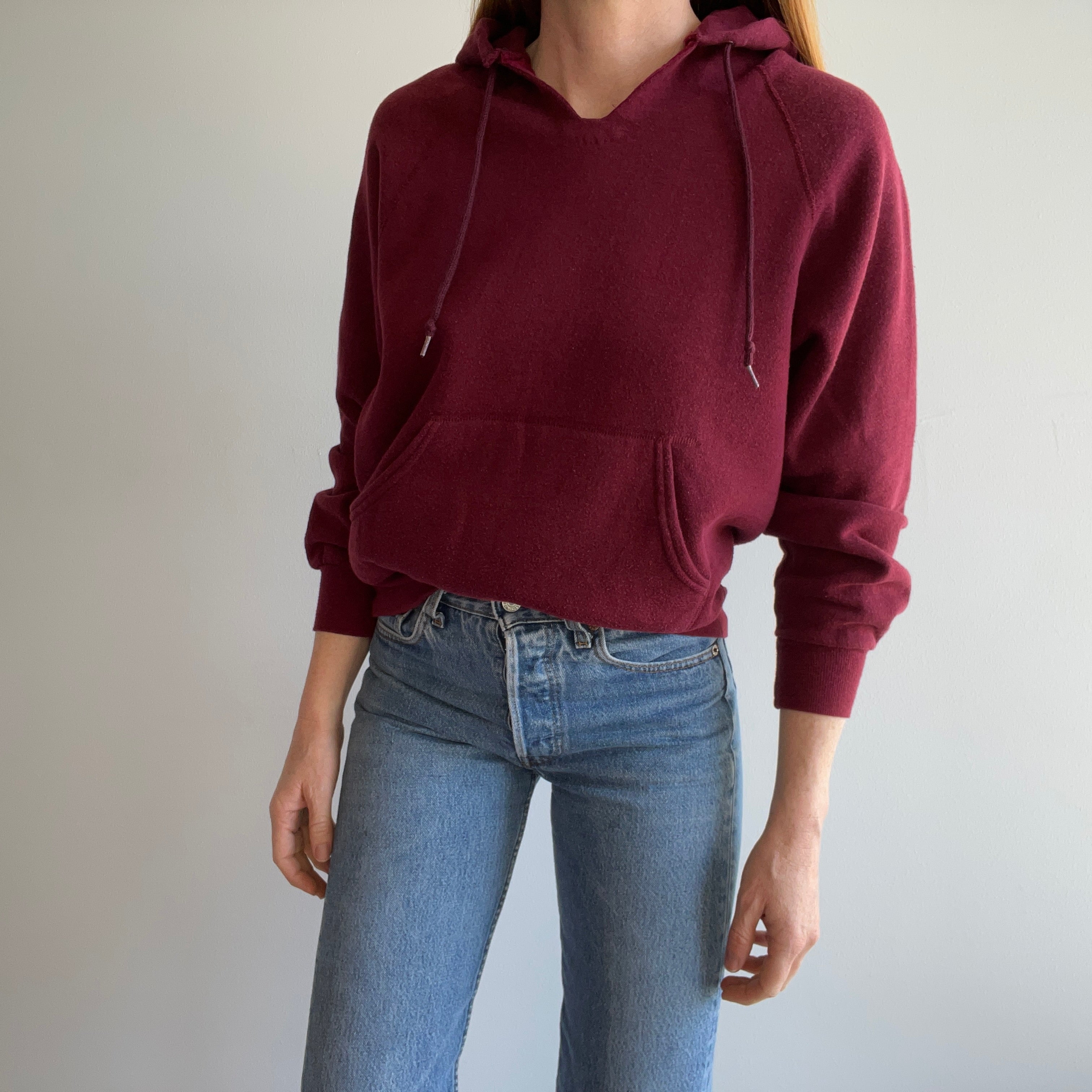 1980s DIY Hemmed Cut Neck on a Burgundy Hoodie by Bassett Walker