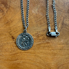 Sterling Silver Oxidized Round St. Christopher Necklace
