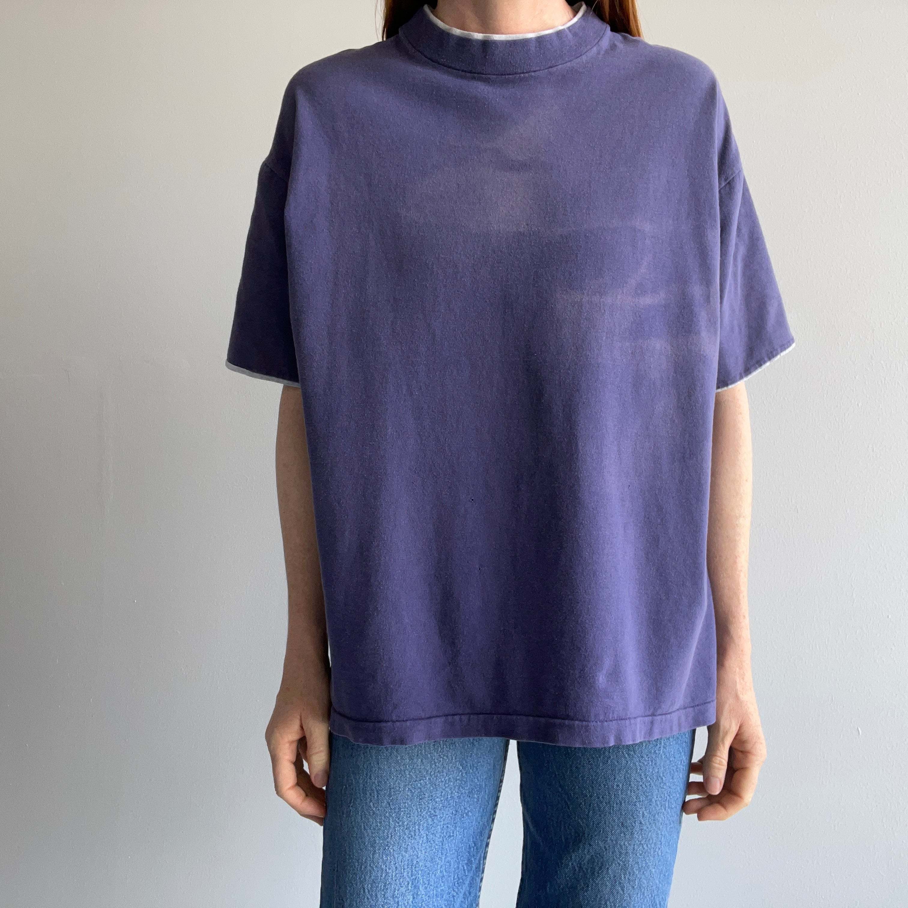 1980s Rad Sun Faded Swirls Blank Navy Rolled Back Sleeve Cotton T-Shirt