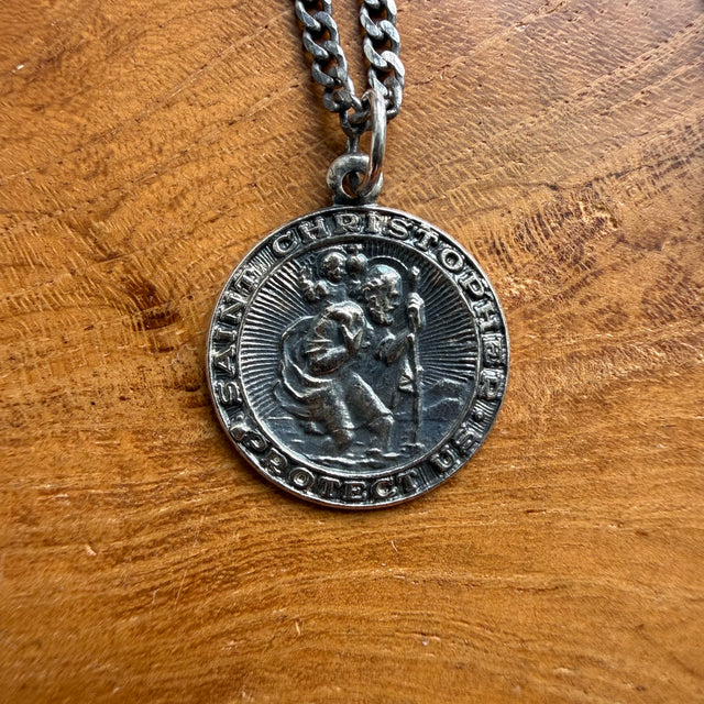 Sterling Silver Oxidized Round St. Christopher Necklace