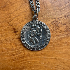 Sterling Silver Oxidized Round St. Christopher Necklace