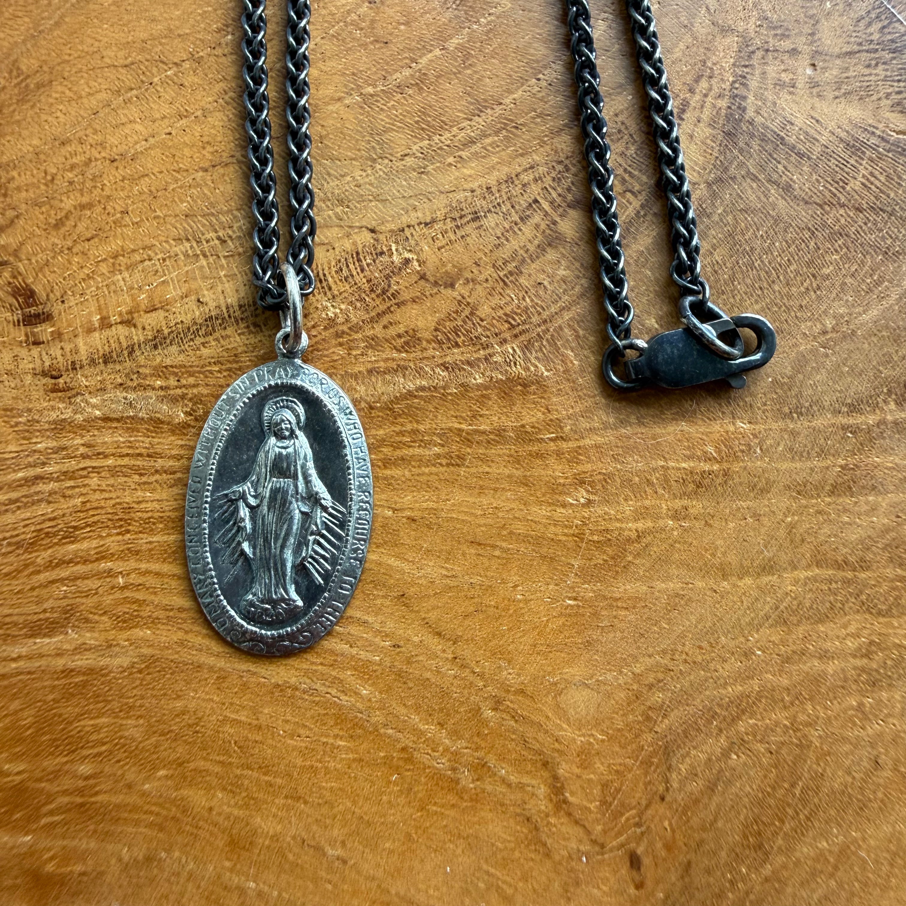 Sterling Silver Oxidized Oval Mary Saint Medal Necklace