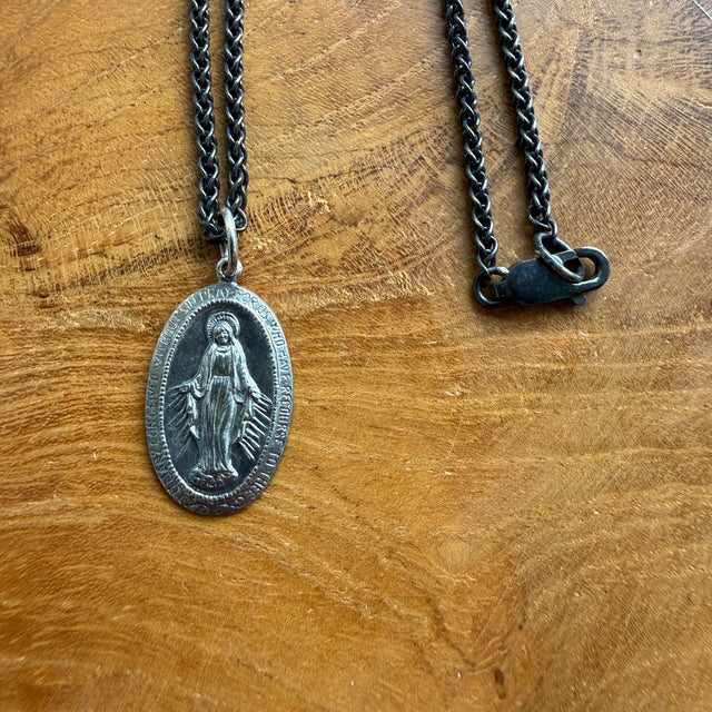 Sterling Silver Oxidized Oval Mary Saint Medal Necklace