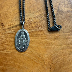 Sterling Silver Oxidized Oval Mary Saint Medal Necklace