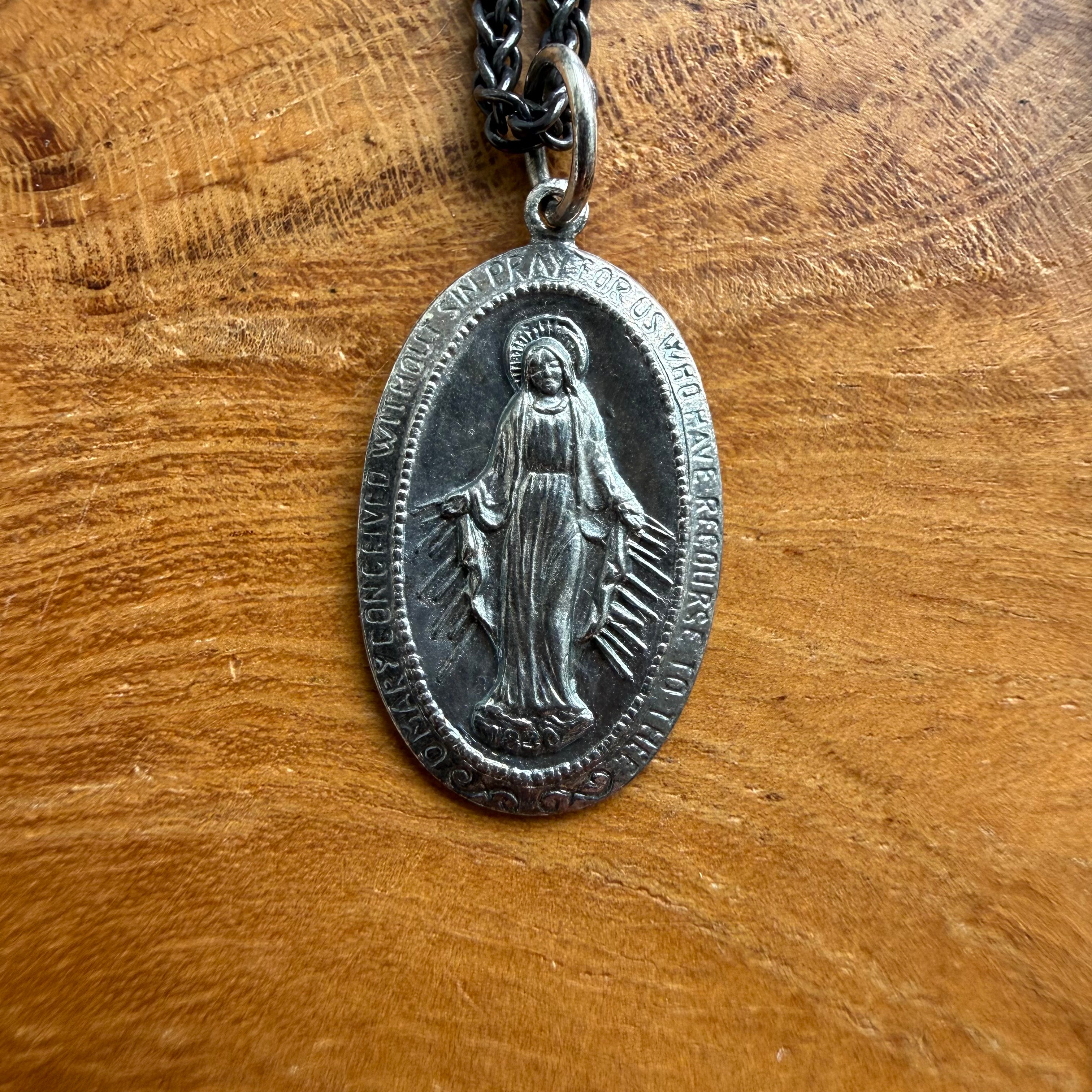 Sterling Silver Oxidized Oval Mary Saint Medal Necklace
