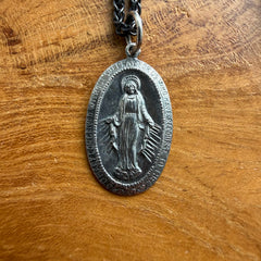 Sterling Silver Oxidized Oval Mary Saint Medal Necklace