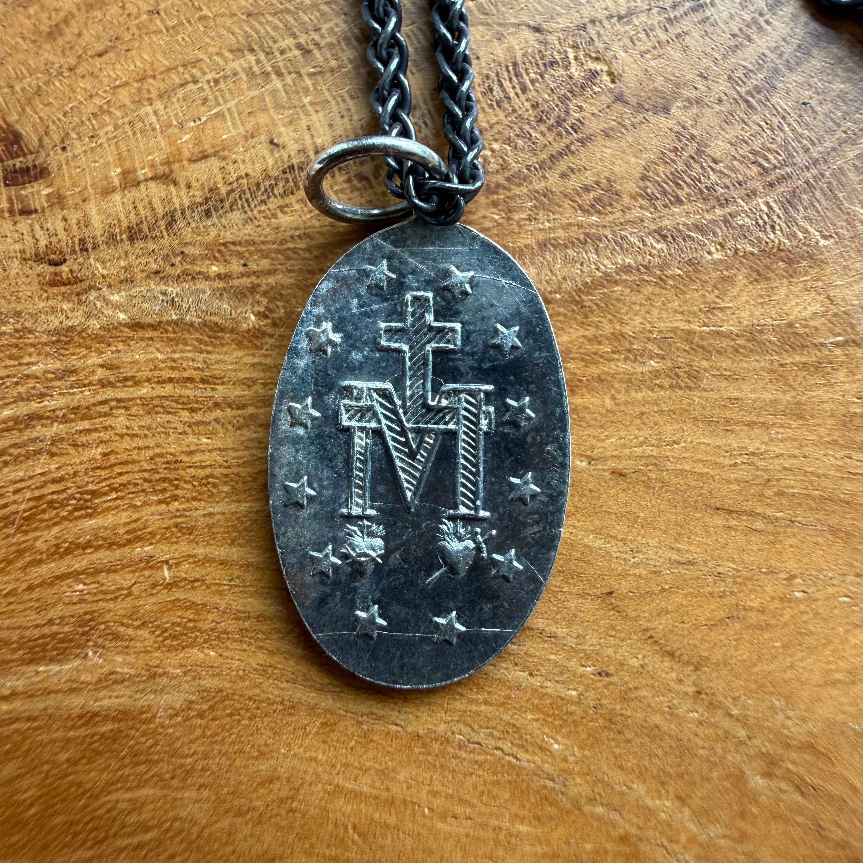 Sterling Silver Oxidized Oval Mary Saint Medal Necklace