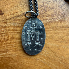Sterling Silver Oxidized Oval Mary Saint Medal Necklace