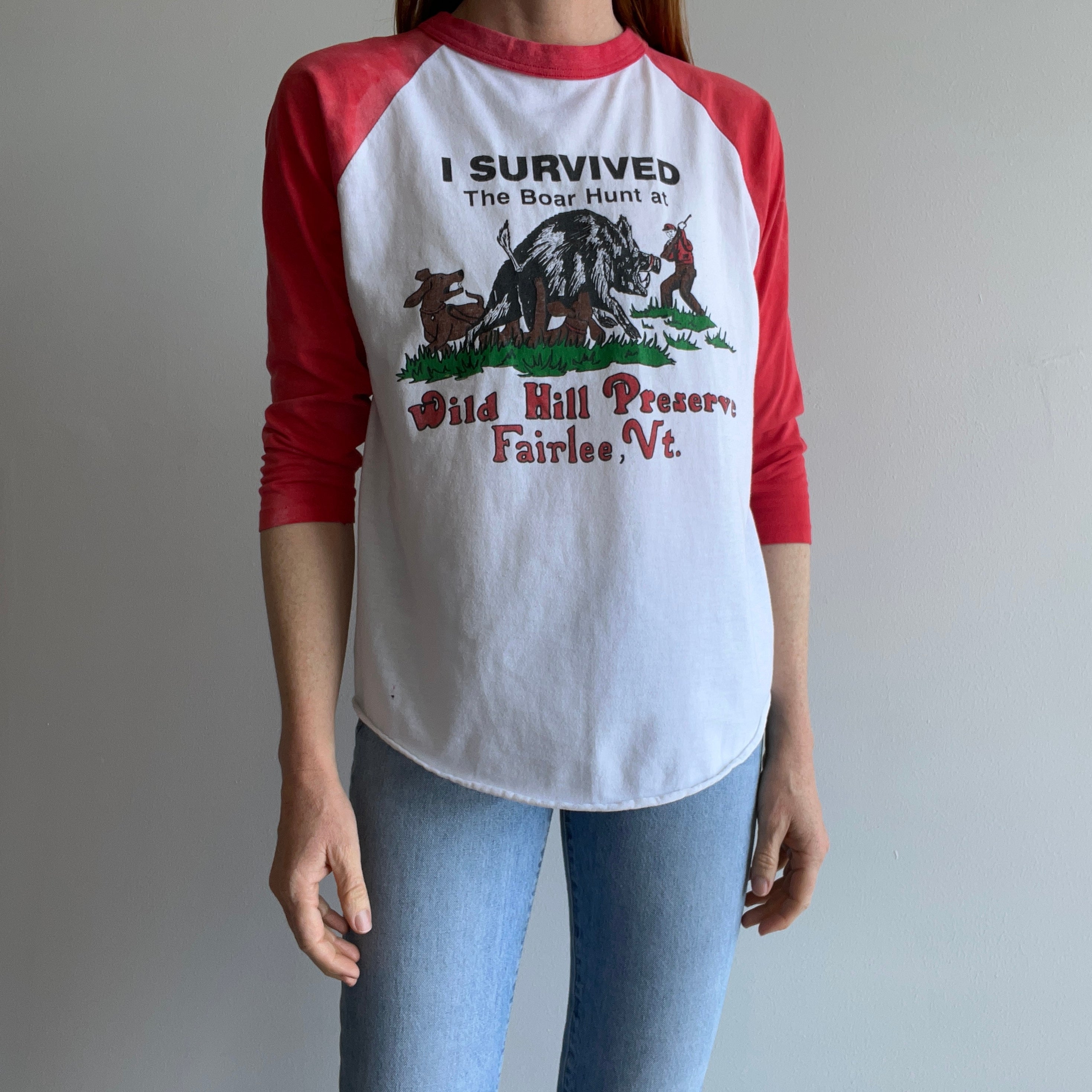 1980s I survived The Boar Hunt at Wild Hill Preserve - Fairlee, Vermont - Baseball T-Shirt