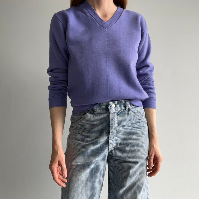 1980s Lilac Purple Barely Worn V-Neck Sweatshirt with Holes