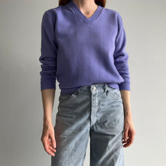 1980s Lilac Purple Barely Worn V-Neck Sweatshirt with Holes