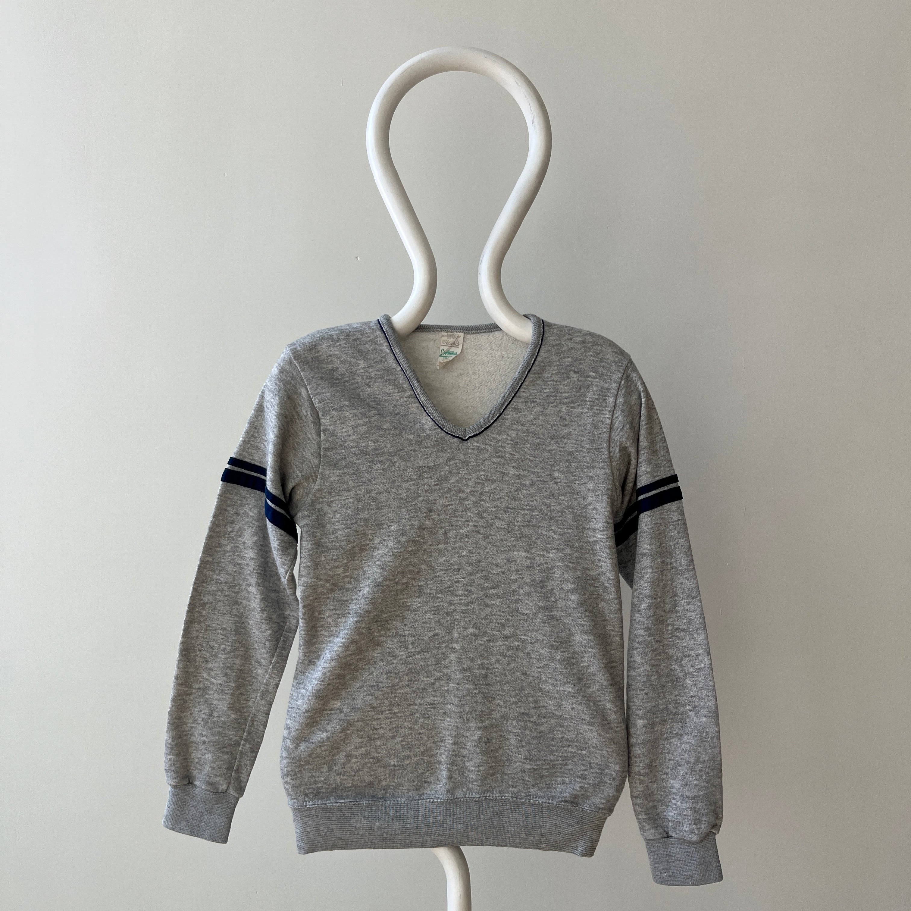 1970s  Grey V Neck Sweatshirt with Arm Striping