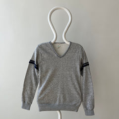 1970s  Grey V Neck Sweatshirt with Arm Striping
