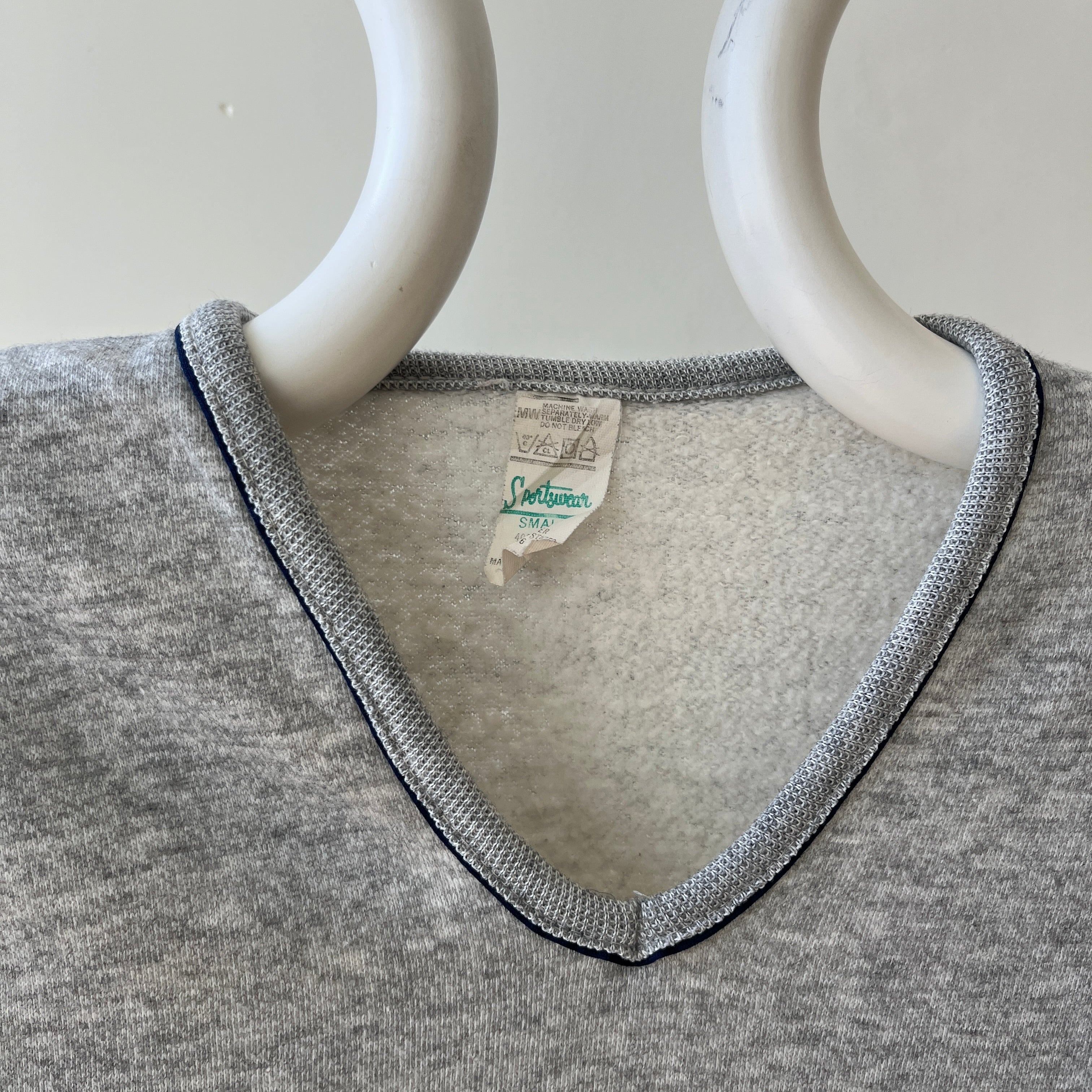1970s  Grey V Neck Sweatshirt with Arm Striping