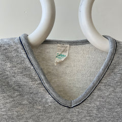 1970s  Grey V Neck Sweatshirt with Arm Striping