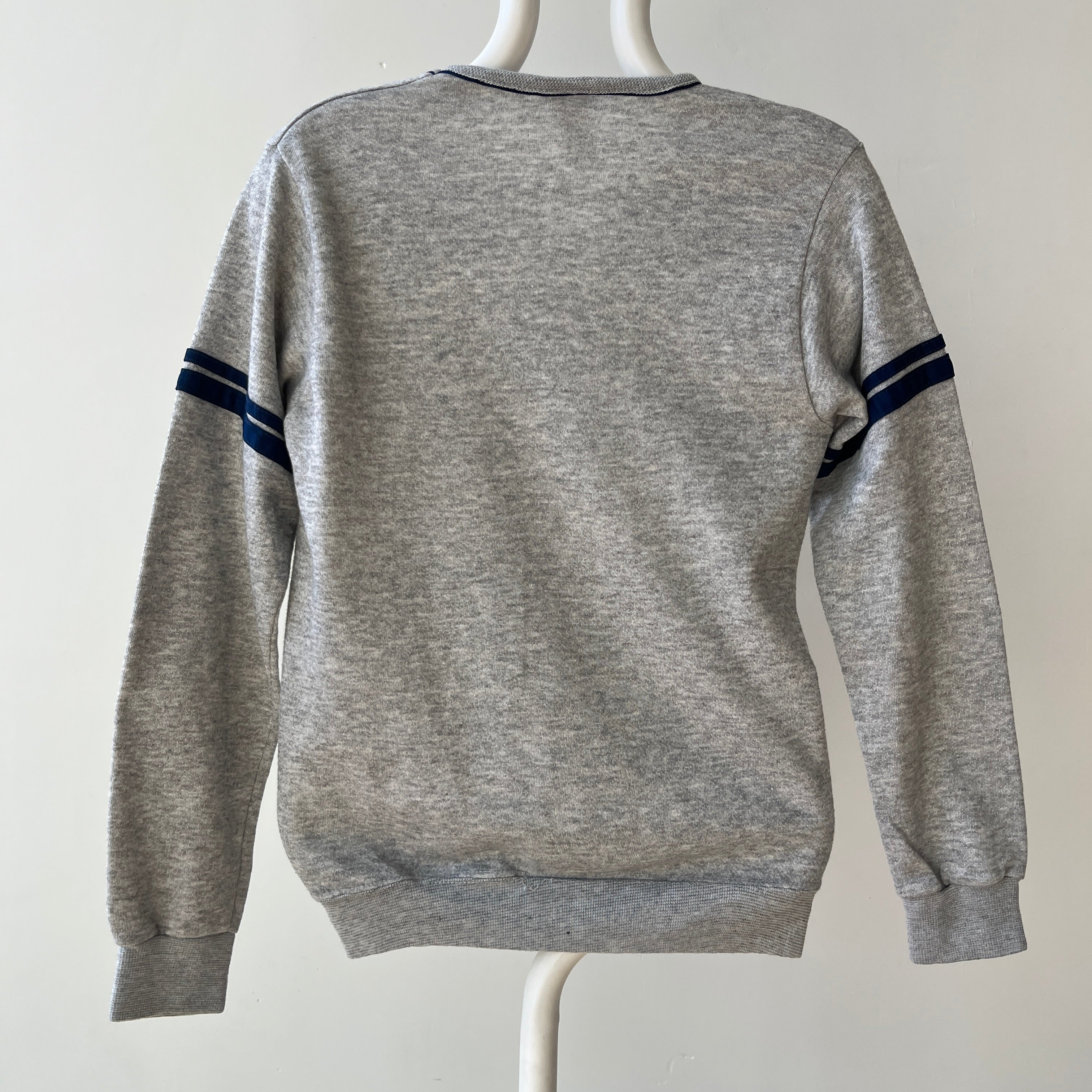 1970s  Grey V Neck Sweatshirt with Arm Striping