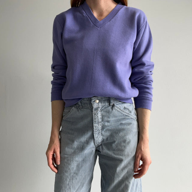 1980s Lilac Purple Barely Worn V-Neck Sweatshirt with Holes