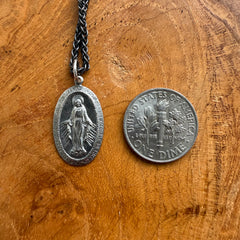 Sterling Silver Oxidized Oval Mary Saint Medal Necklace