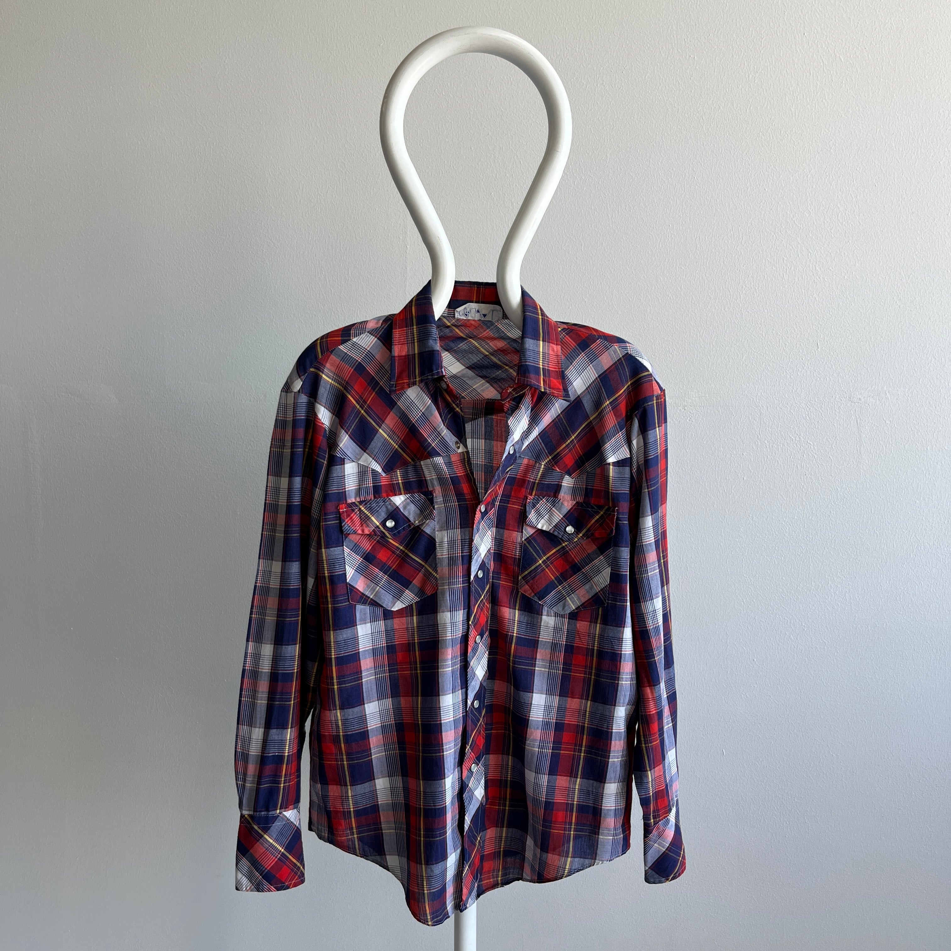 1980s Lightweight Plaid Cowboy Snap Shirt