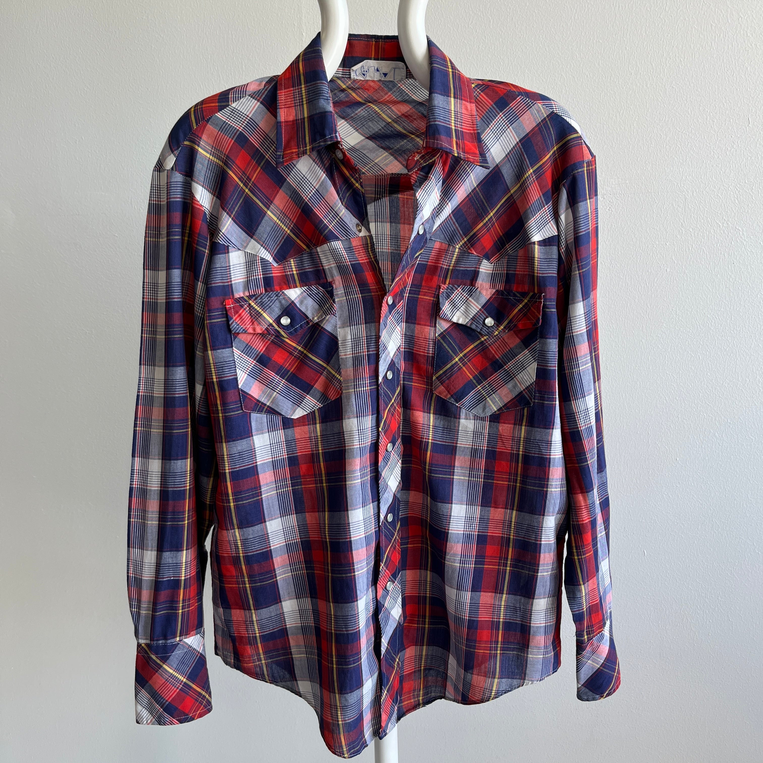 1980s Lightweight Plaid Cowboy Snap Shirt