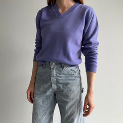 1980s Lilac Purple Barely Worn V-Neck Sweatshirt with Holes